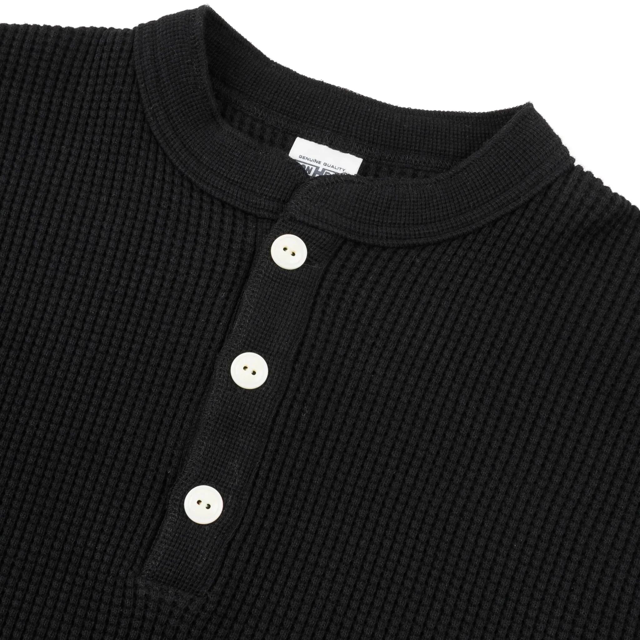 IHTL-1213-BLK Waffle Knit Long Sleeved Thermal Henley - Black - Image 3