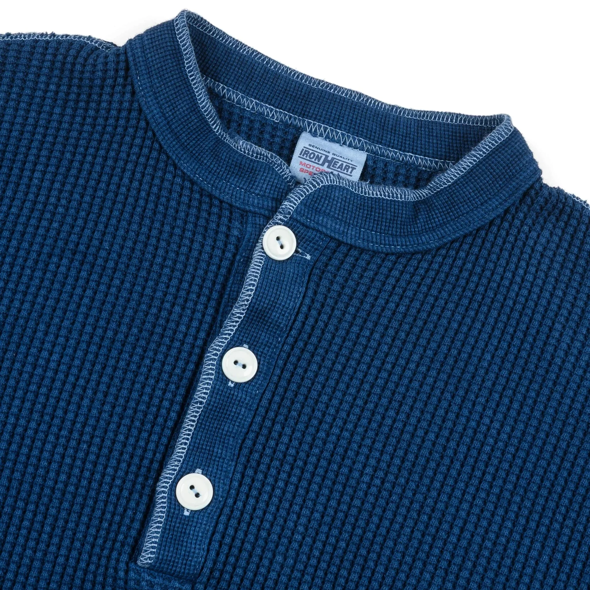 IHTL-1213-IND Waffle Knit Long Sleeved Thermal Henley - Indigo Dyed - Image 3