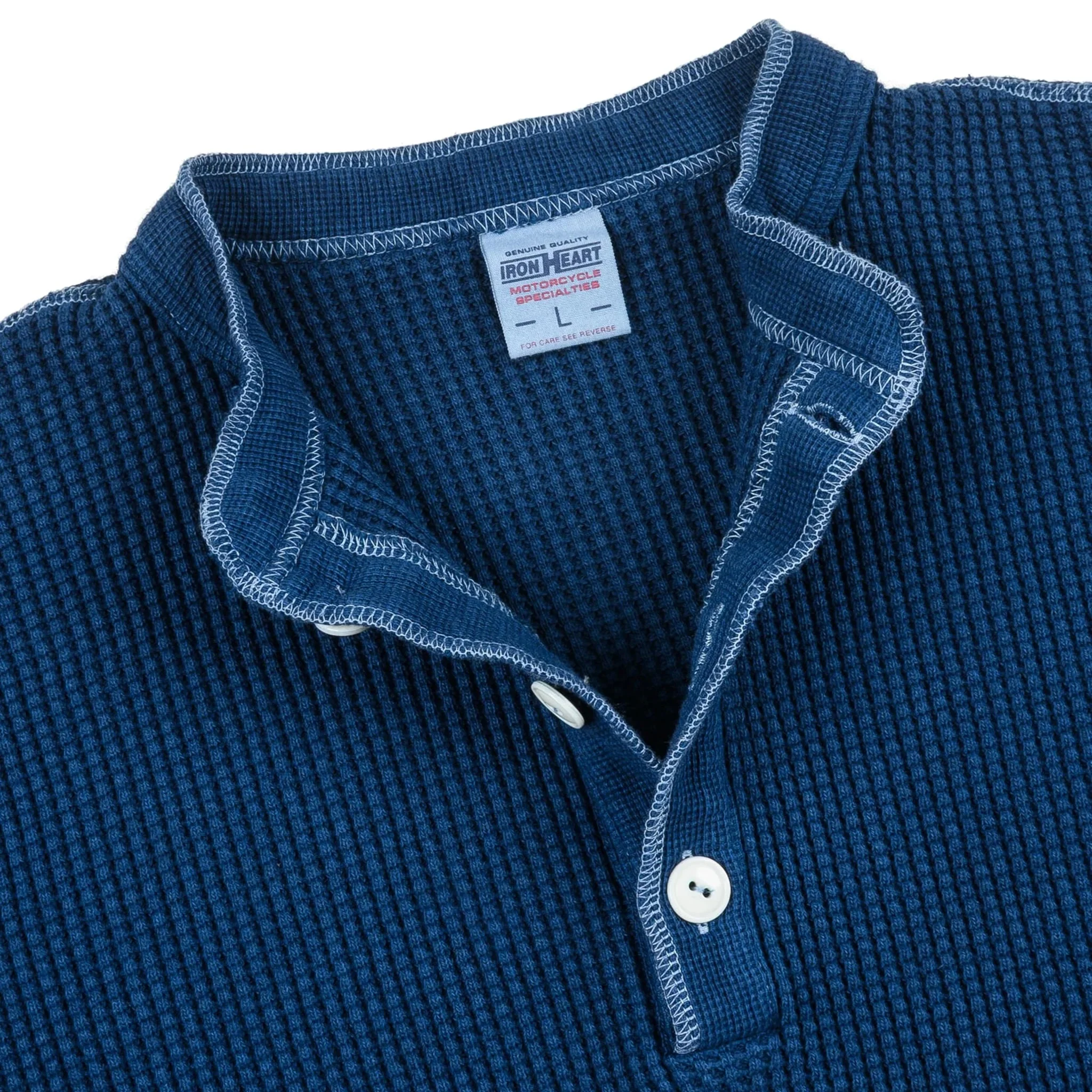 IHTL-1213-IND Waffle Knit Long Sleeved Thermal Henley - Indigo Dyed - Image 4