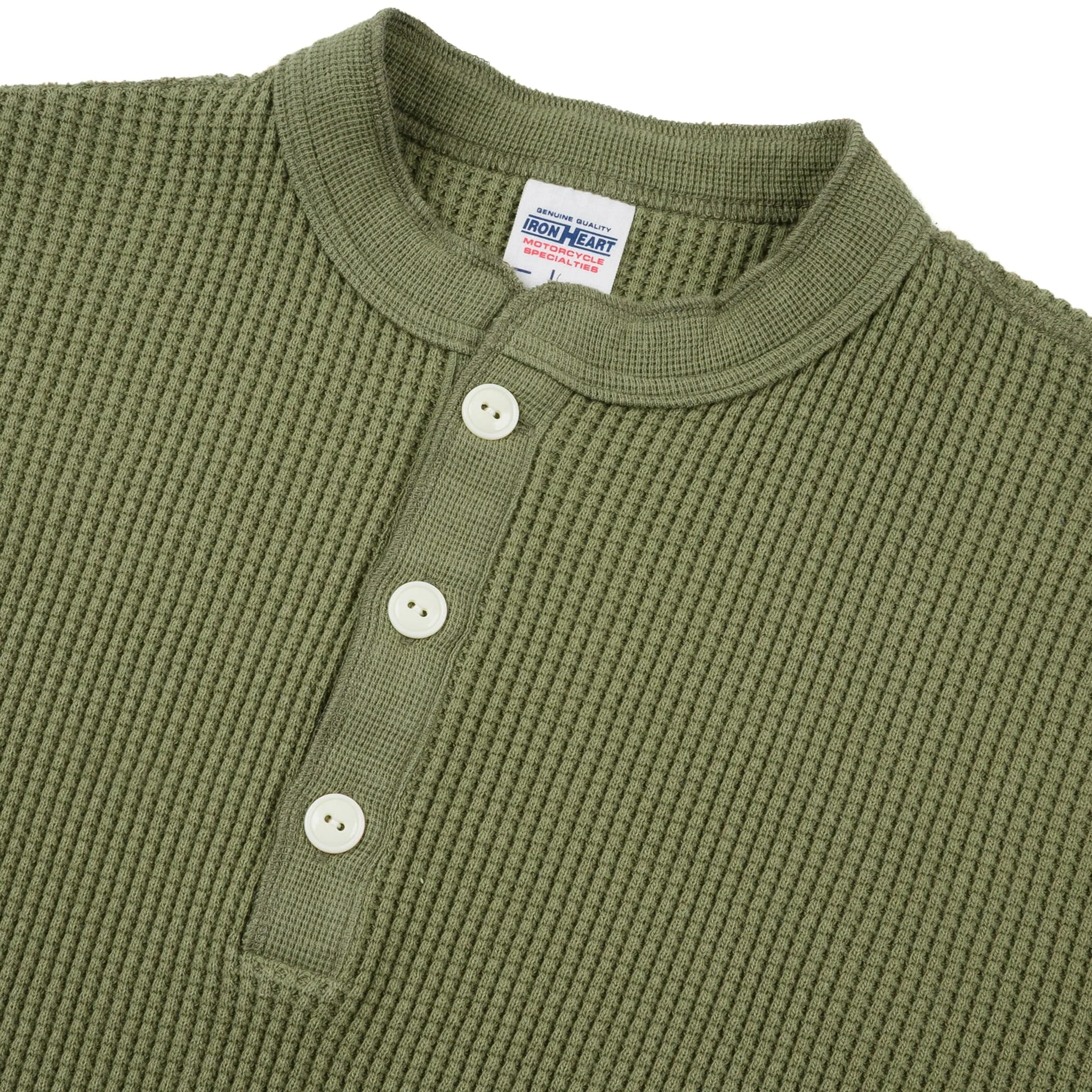 IHTL-1213-OLV Waffle Knit Long Sleeved Thermal Henley - Olive - Image 3