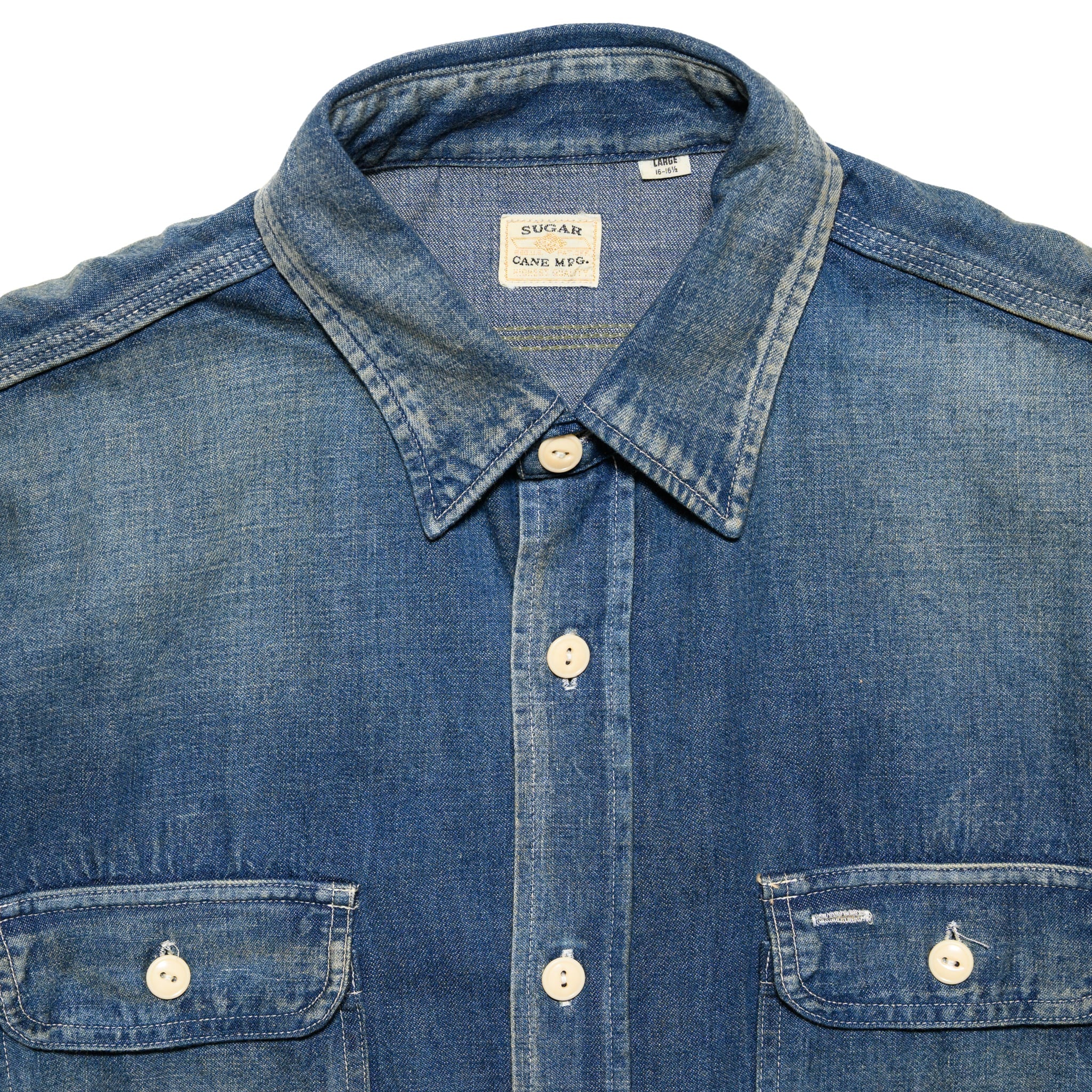 SC29474 Blue Denim Work Shirt Aged Model - Image 3