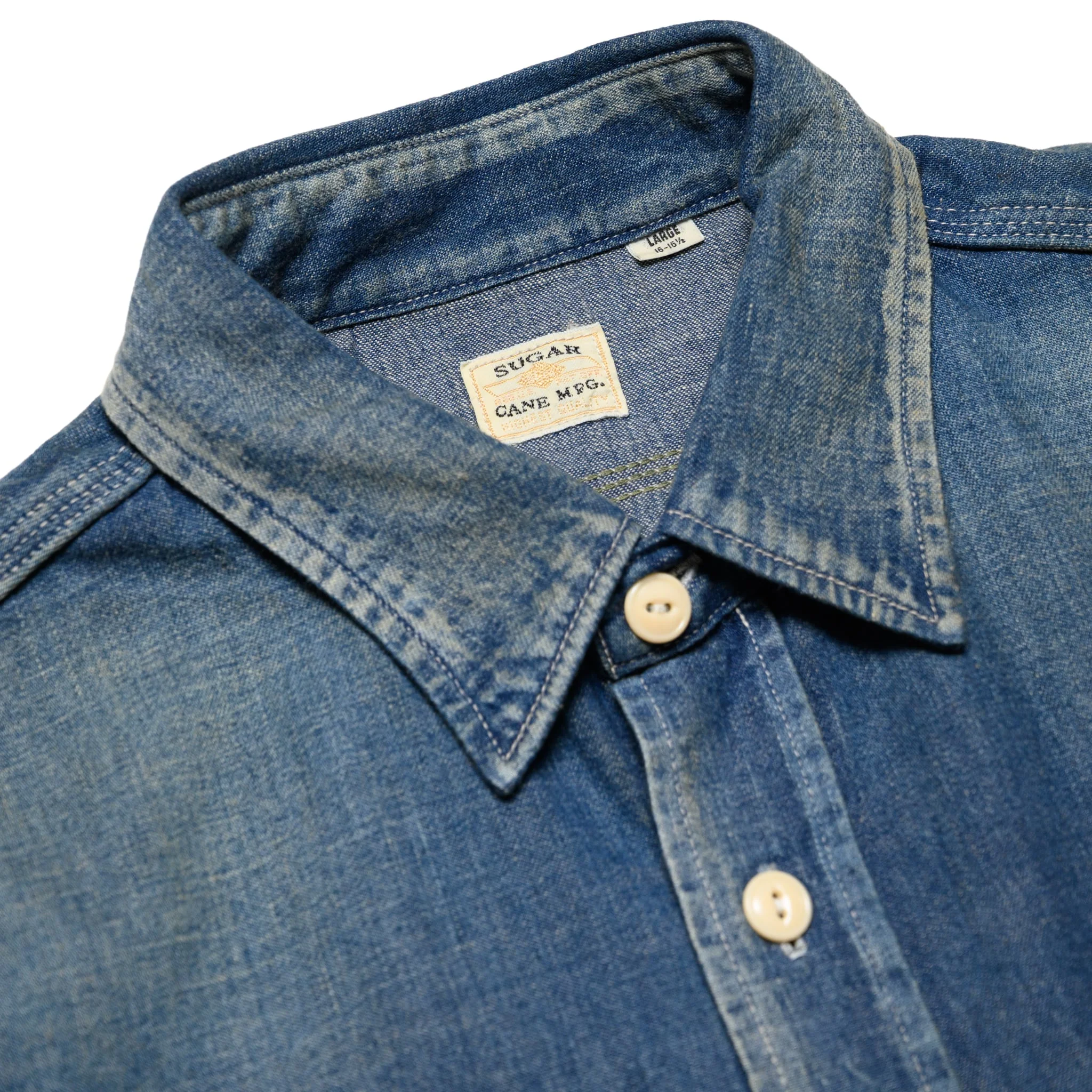 SC29474 Blue Denim Work Shirt Aged Model - Image 4
