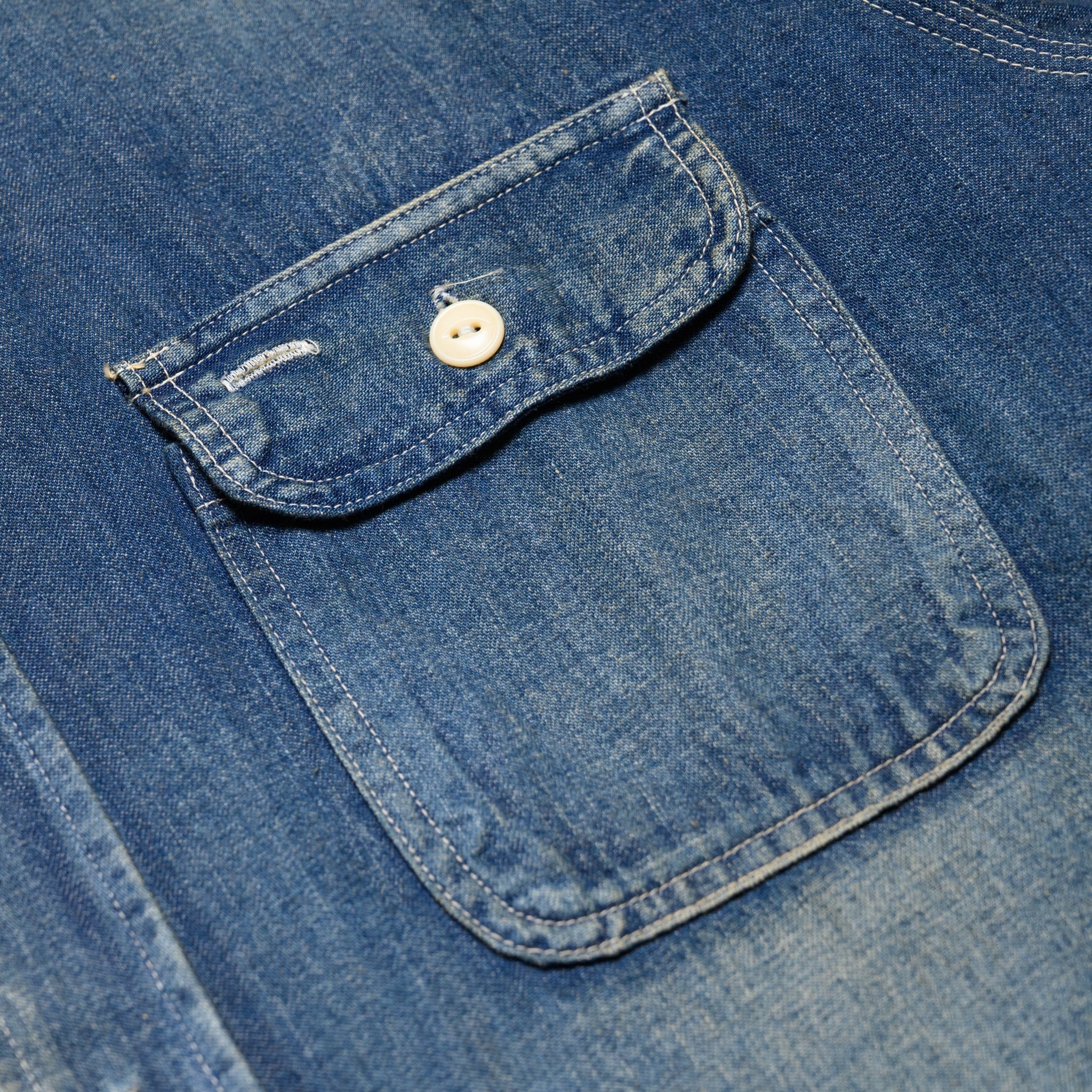 SC29474 Blue Denim Work Shirt Aged Model - Image 5