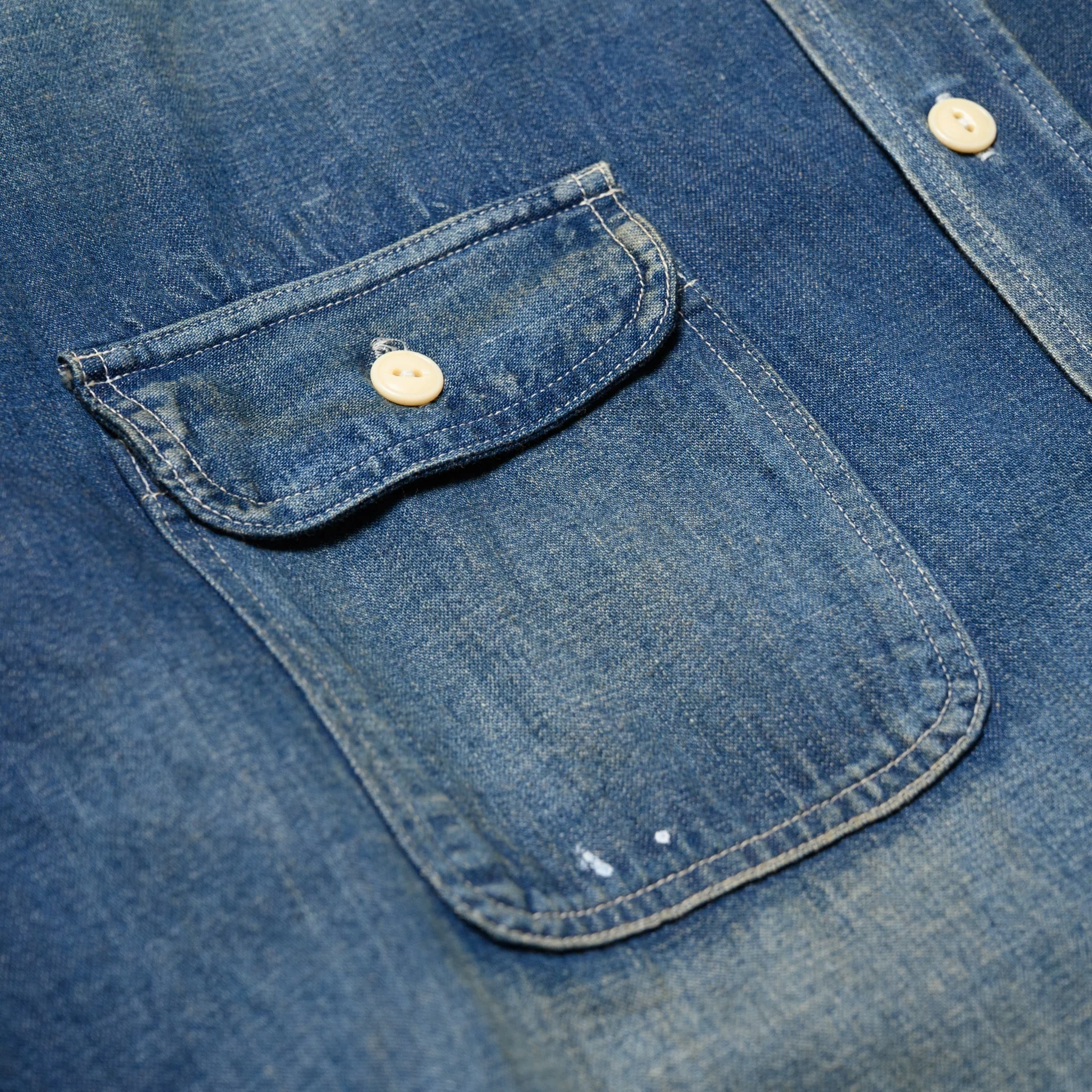 SC29474 Blue Denim Work Shirt Aged Model - Image 6